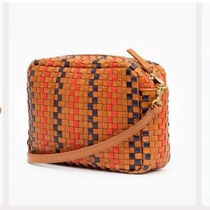 Clare V. Marisol Pinstripe Woven Checker Crossbody Bag Natural Navy Red